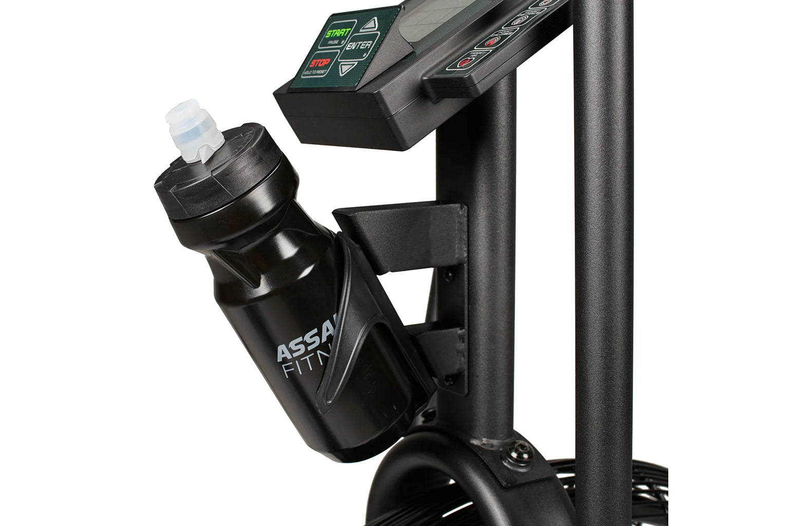 Black stationary exercise bike with digital console, water bottle holder, and dual control handles on white background