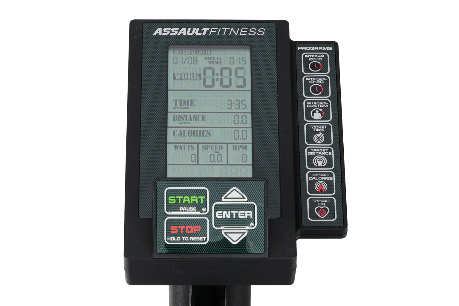 Assault Fitness black exercise bike console with LCD display showing workout metrics, control buttons, and program selection 
