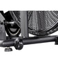 Close-up of black metal base with wheels and casters supporting industrial-style stationary air bike fan on white background