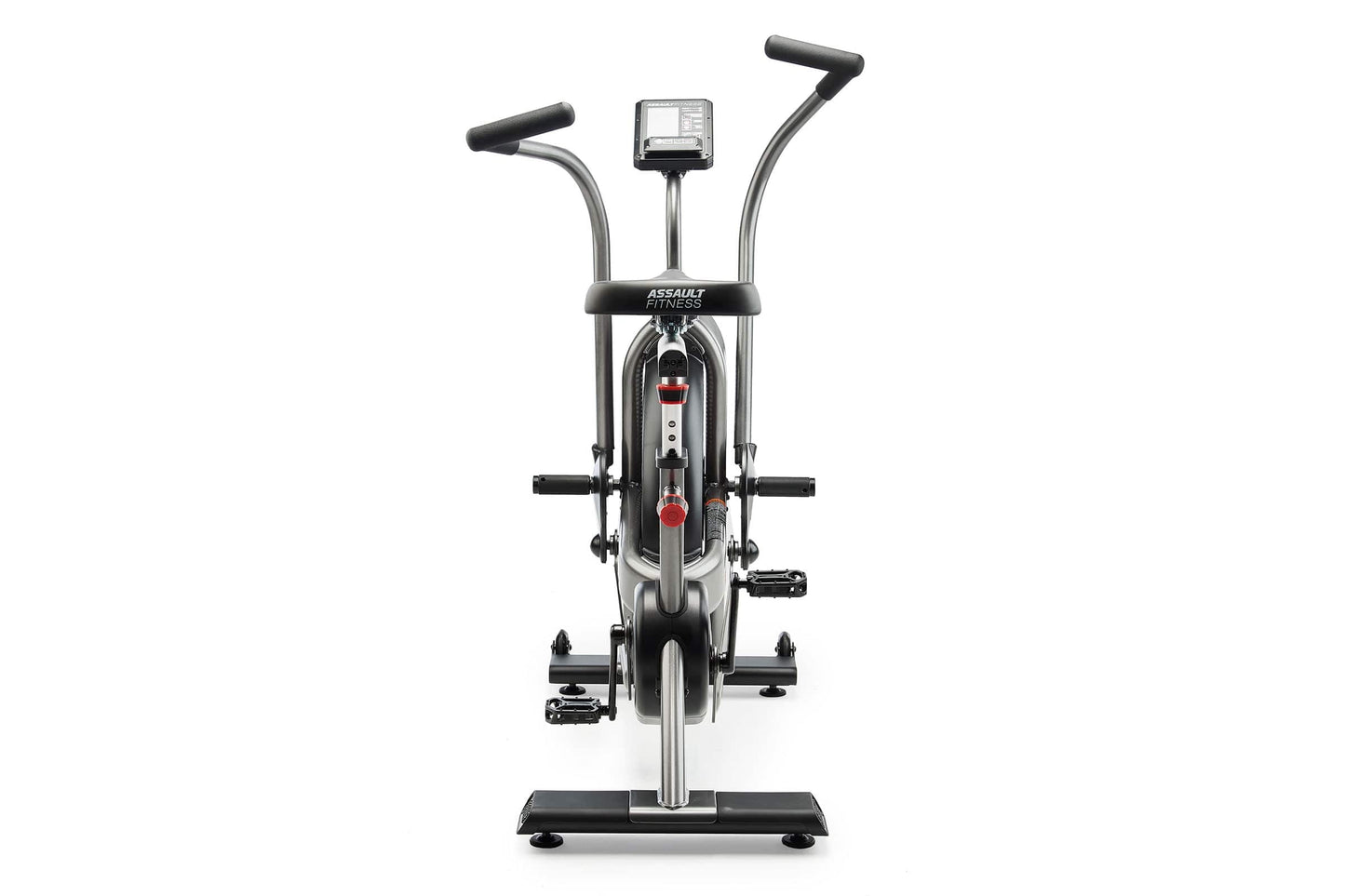 Assault Elite Air Bike with dual curved handles, digital display console, and large flywheel on white background