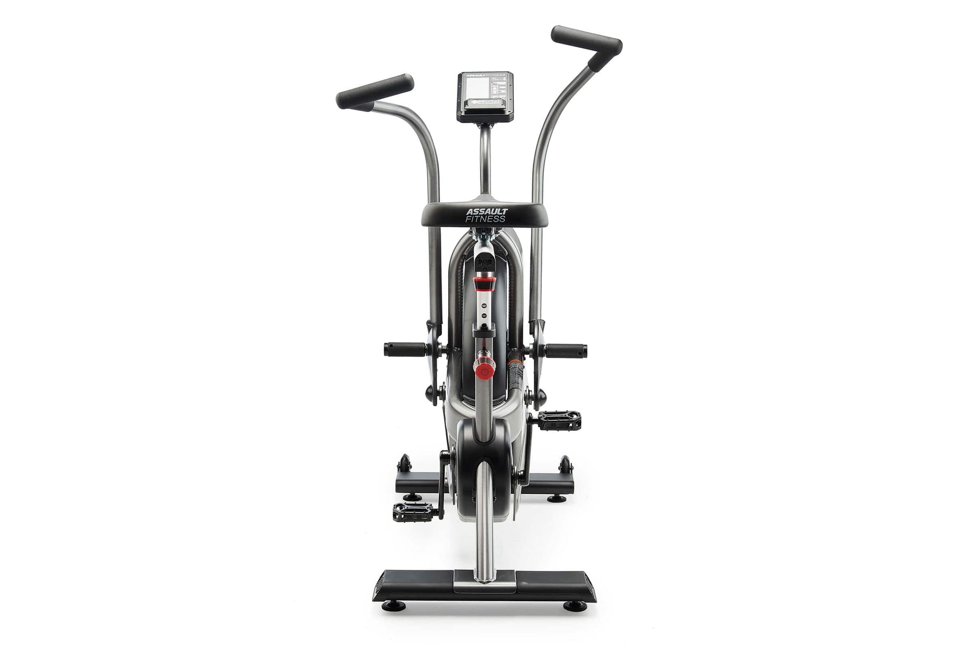 Assault Elite Air Bike with dual curved handles, digital display console, and large flywheel on white background