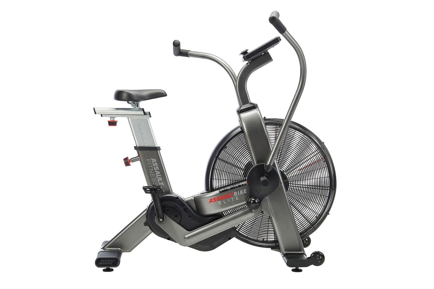 Assault Elite air bike with silver frame, black seat, dual handlebars, and large black fan wheel on white background