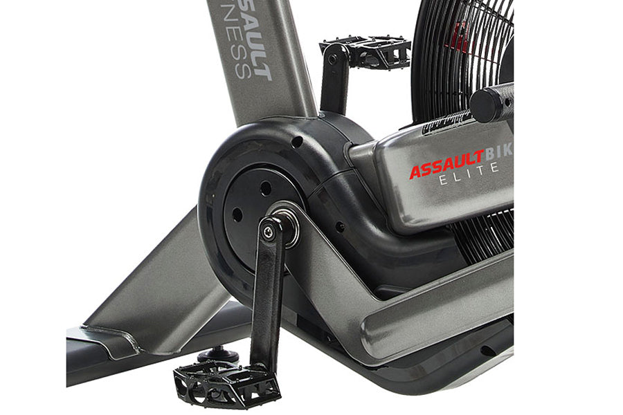 Assault Bike Elite stationary air bike with gray frame, black wheel and pedals, displayed on white background
