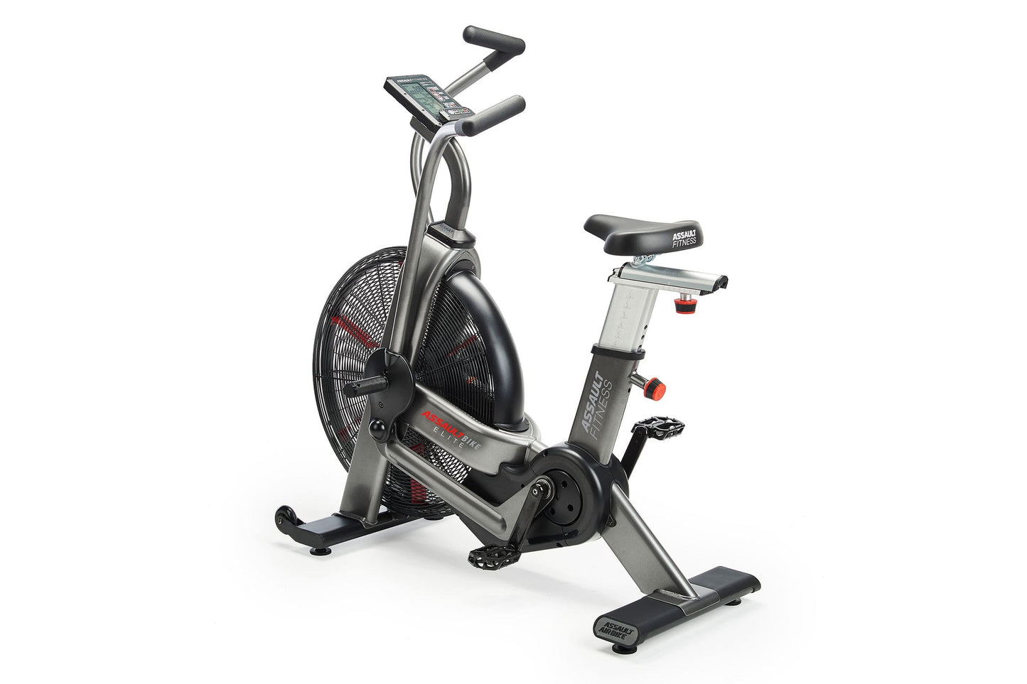 Assault Elite Air Bike with gray and black frame, digital console, dual handles, and large fan wheel on white background