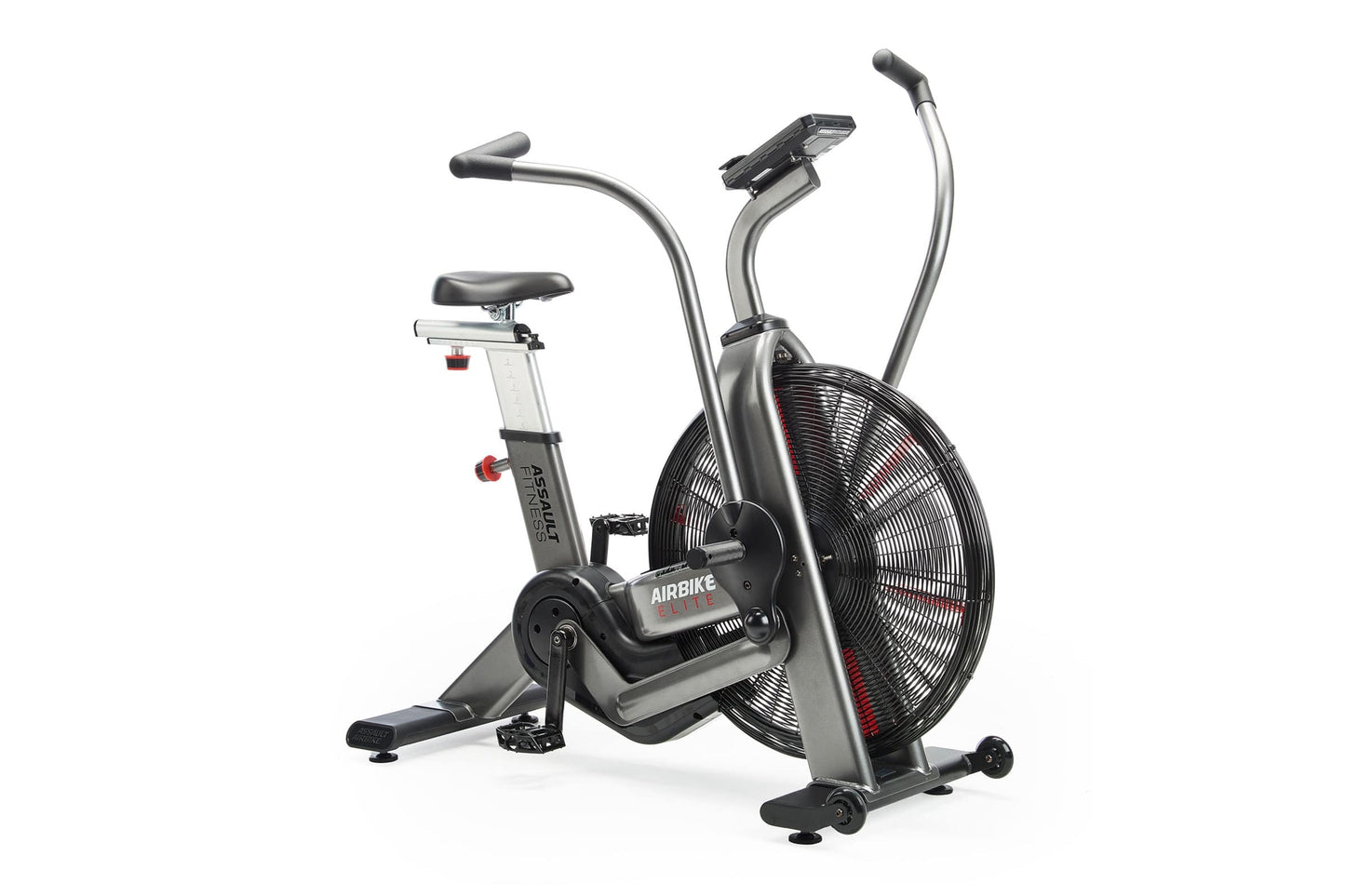 Assault Elite air bike with large black fan wheel, gray and black frame, upright seat, dual handlebars, and digital display o