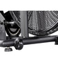 Black stationary air bike with dual fan wheels, metal frame, and rolling casters, detail view of base and mechanical componen