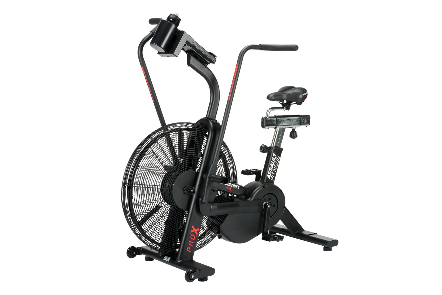 Black air bike with large fan wheel, upright handlebars, and stationary seat on white background