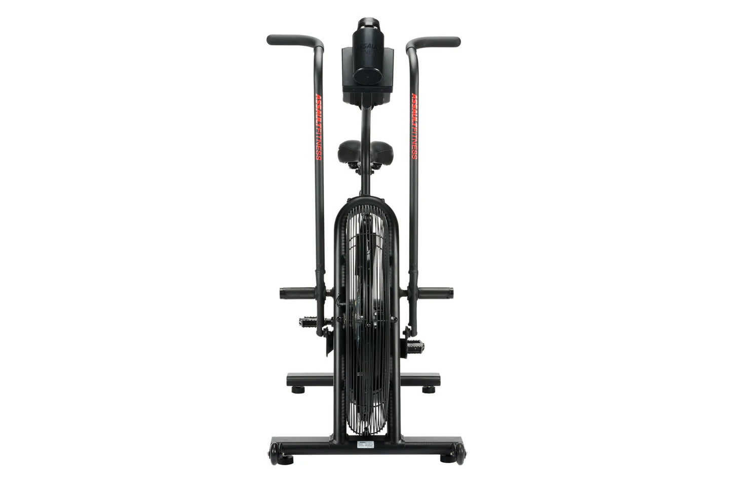 Black upright assault bike with dual handles, digital display, and fan wheel, shown against white background
