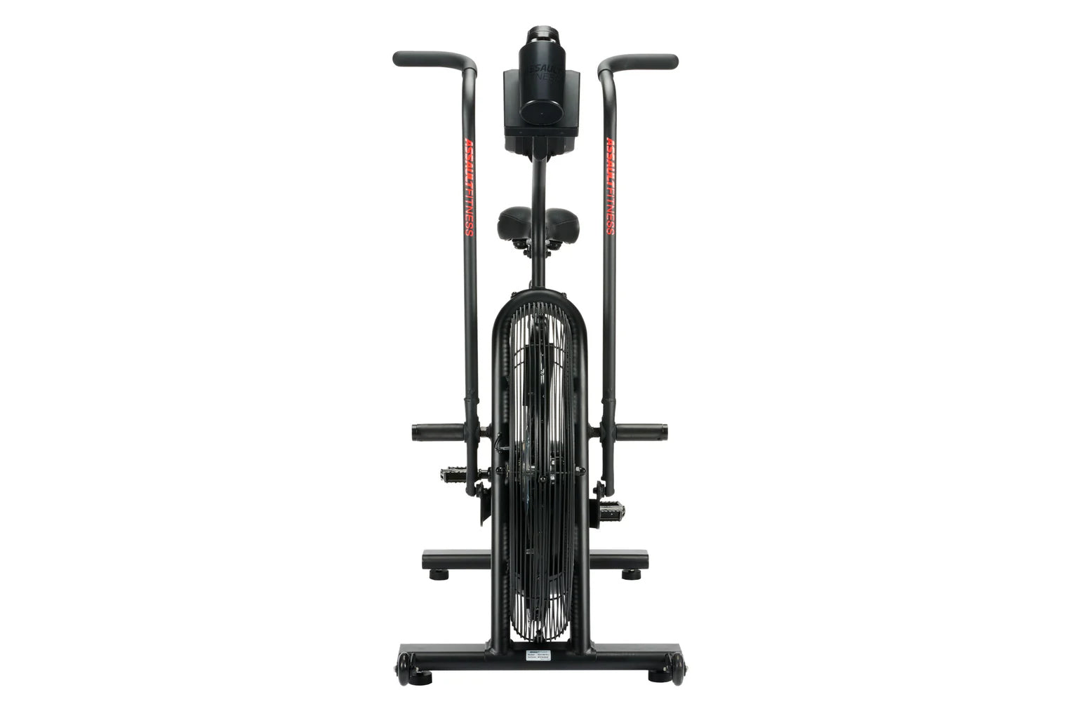 Black upright assault bike with dual handles, digital display, and fan wheel, shown against white background