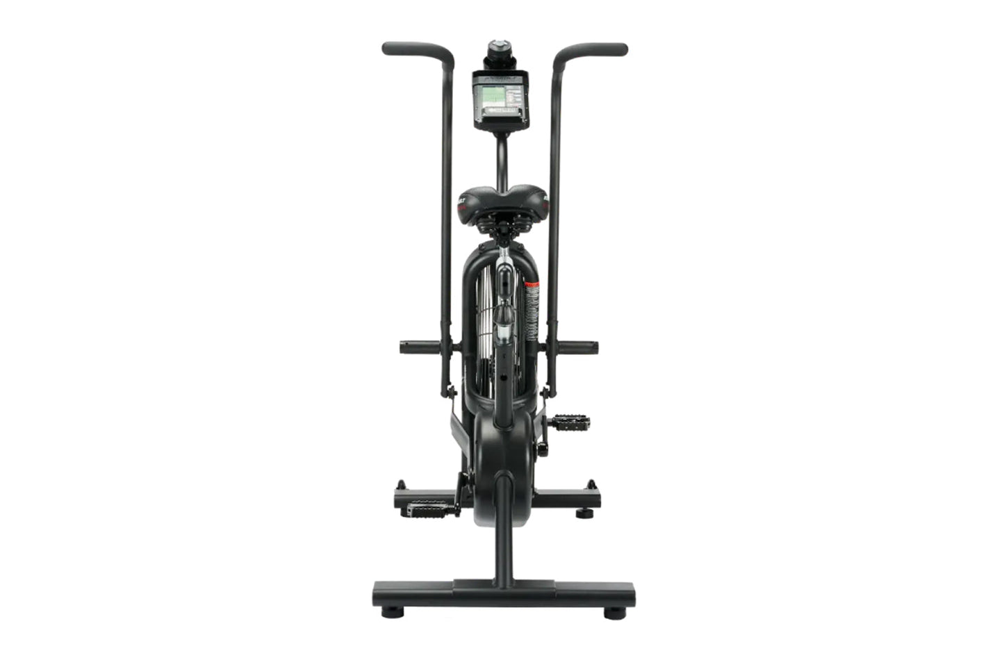 Black upright stationary air bike with curved handles, digital display console, and wide seat, shown from front view on white