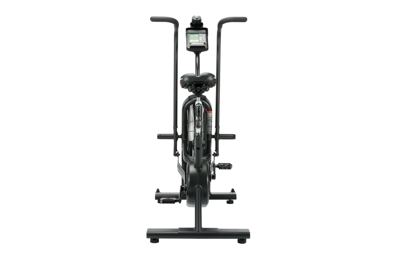 Black upright stationary air bike with curved handles, digital display console, and wide seat, shown from front view on white