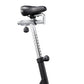 Stationary exercise bike with black padded seat, silver metal frame, and adjustment knob on white background