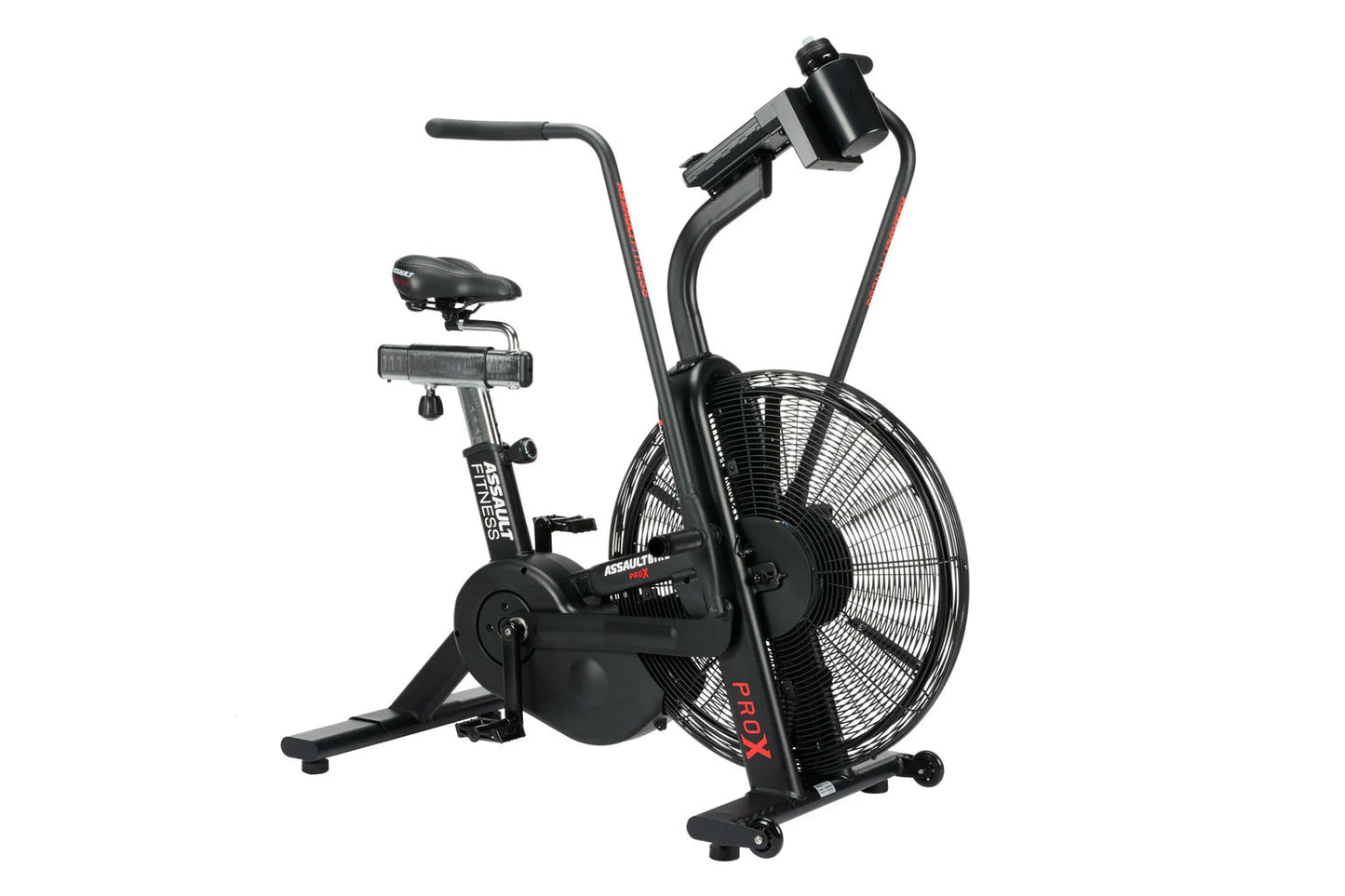 Black stationary air bike with large fan wheel, padded seat, dual handlebars with phone holder, and resistance adjustment on 
