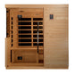 Golden Designs Bilbao 3-person far infrared sauna with natural wood exterior, glass doors, infrared heating panels visible in