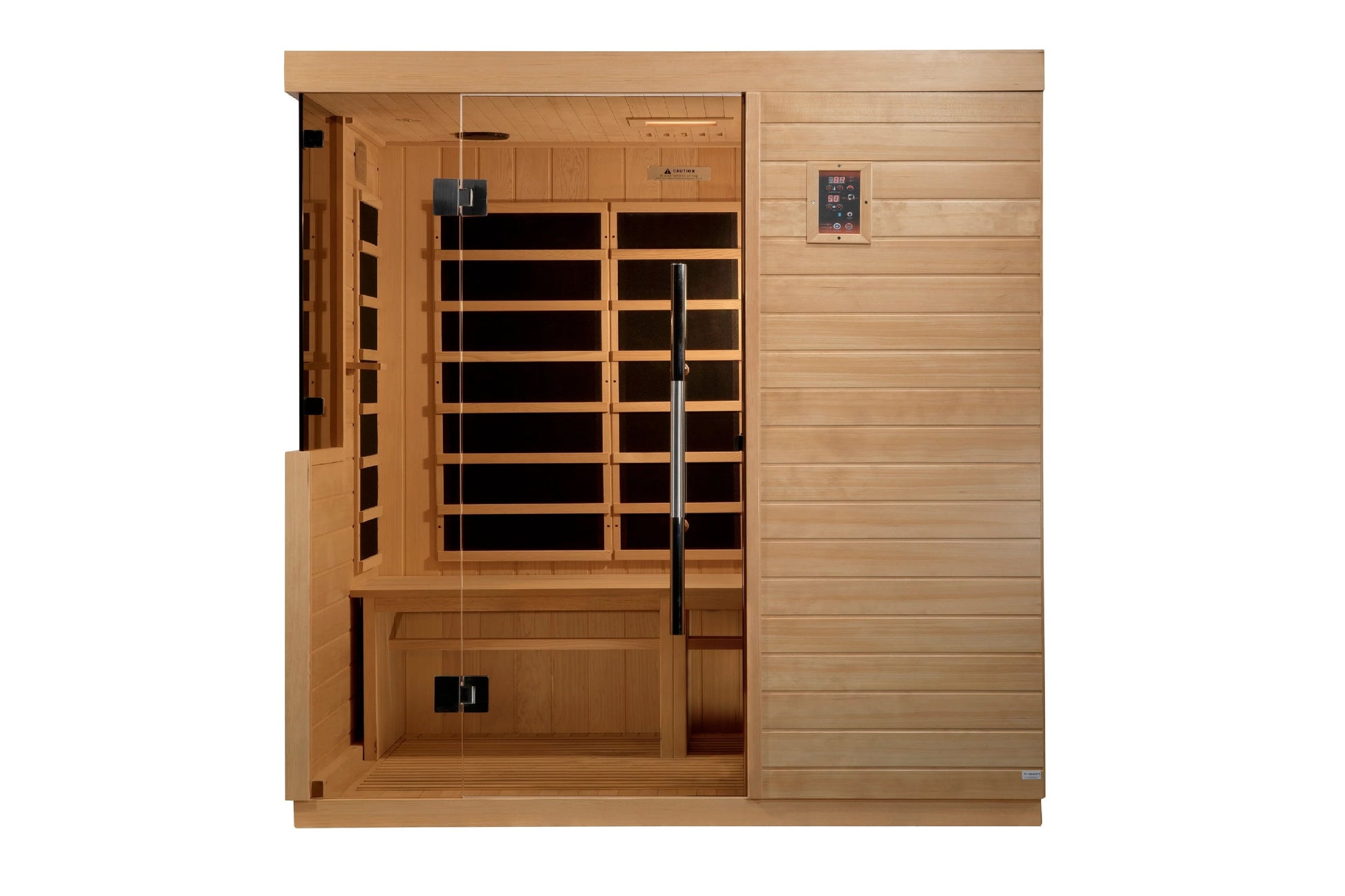 Golden Designs Bilbao 3-person far infrared sauna with natural wood exterior, glass doors, infrared heating panels visible in