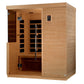 Cedar wood infrared sauna cabin with glass double doors, interior heater panels, digital control panel, and bench seating, di
