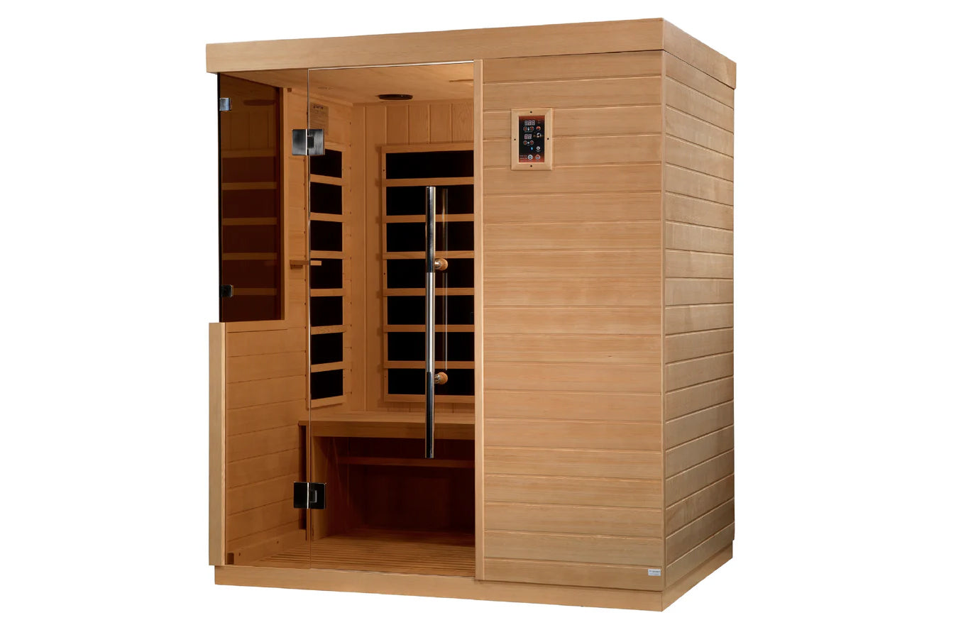 Cedar wood infrared sauna cabin with glass double doors, interior heater panels, digital control panel, and bench seating, di