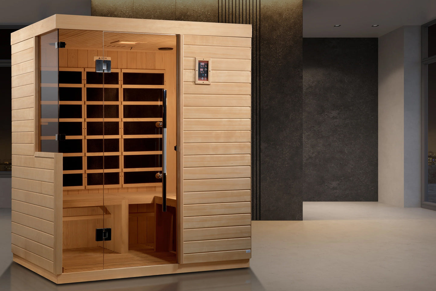 Cedar wood infrared sauna with glass door, golden heat elements, digital control panel, and bench seating in modern showroom 
