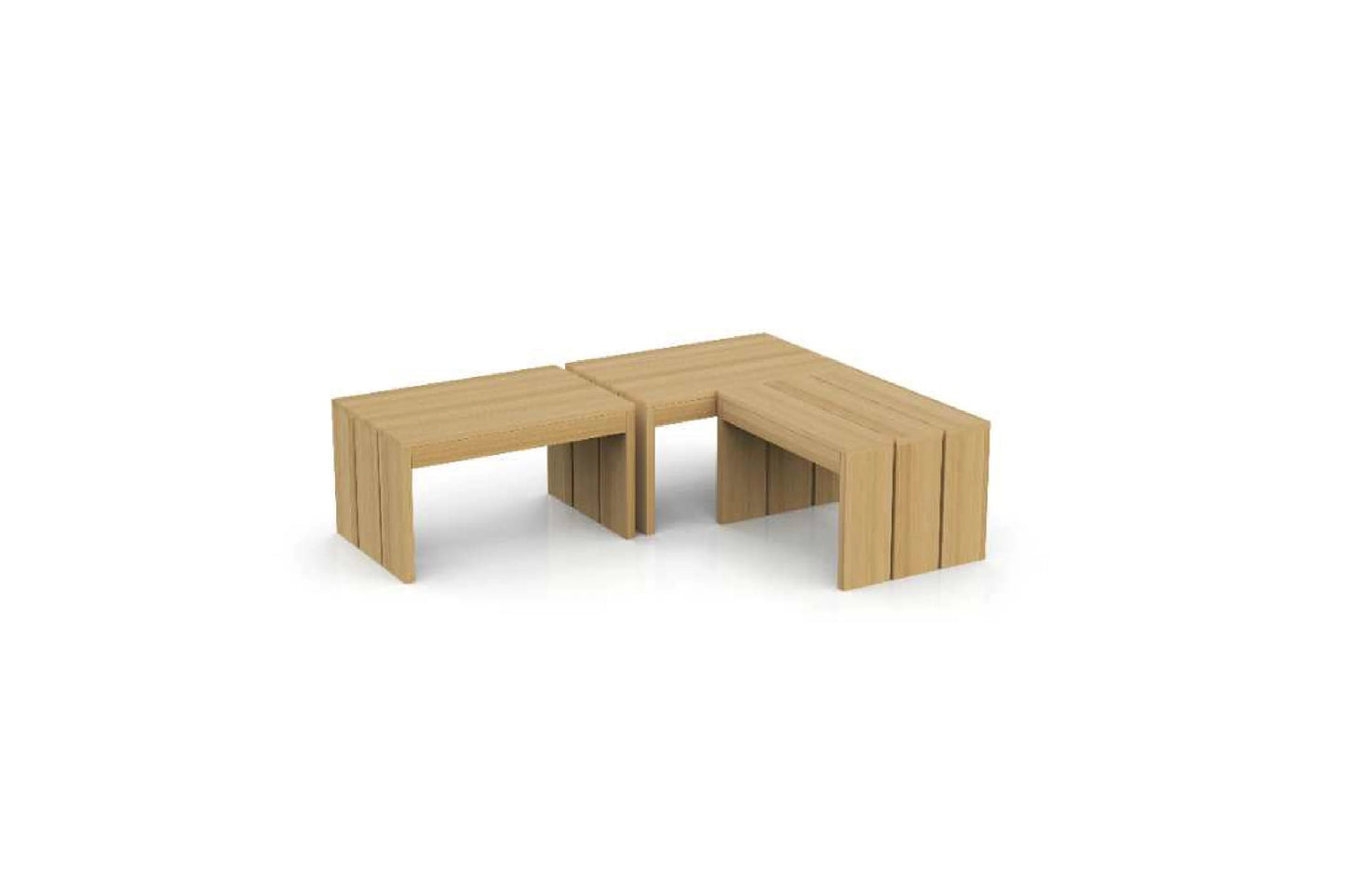 Light wood modular sauna benches in L-shaped configuration on white background
