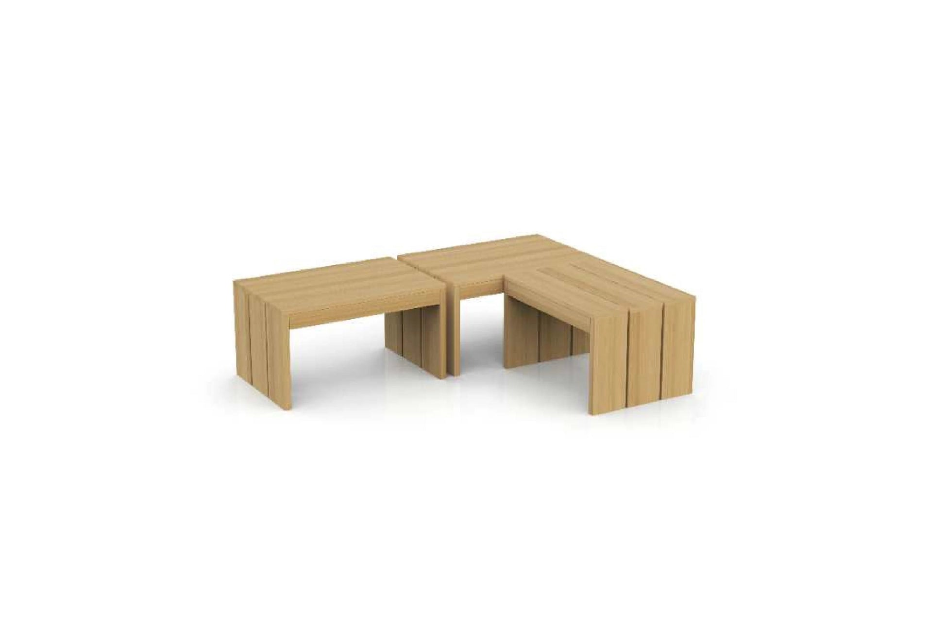 Light wood modular sauna benches in L-shaped configuration on white background