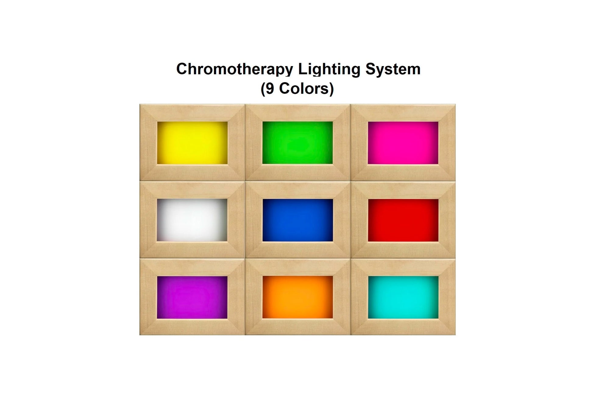 Chromotherapy lighting system with nine color options displayed in wooden panels: yellow, green, magenta, white, blue, red, p
