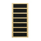 Wooden sauna panel with natural pine frame and seven black horizontal panels, front view on white background