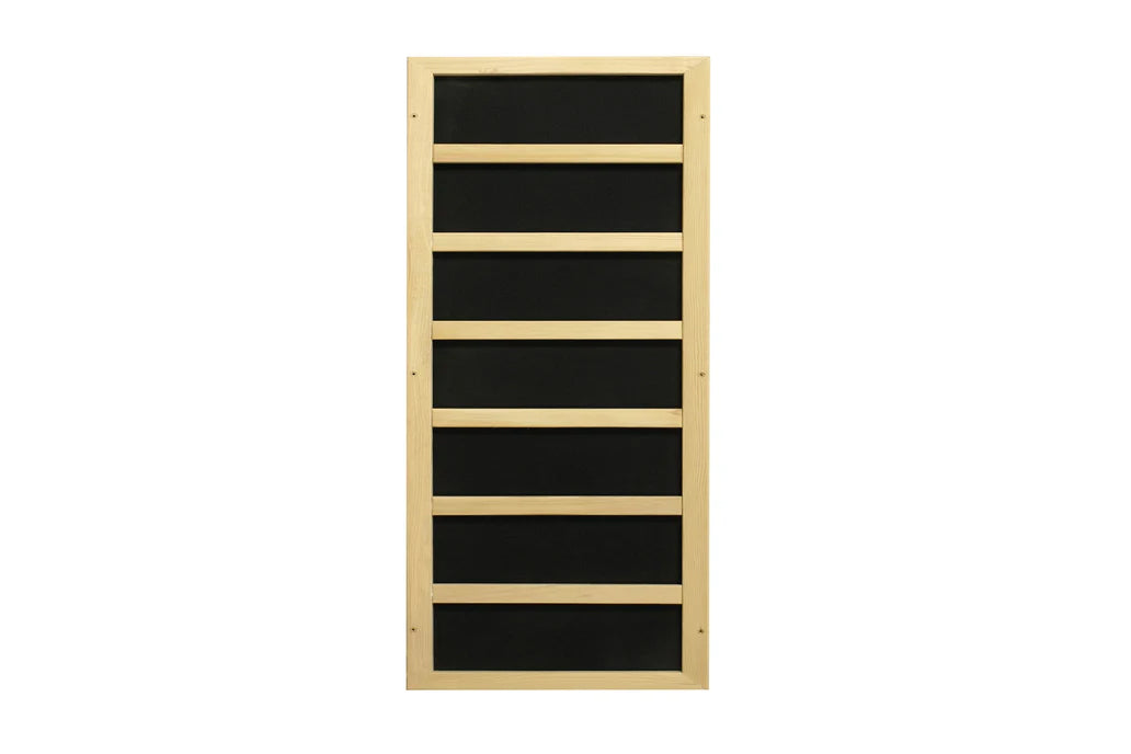 Wooden sauna panel with natural pine frame and seven black horizontal panels, front view on white background