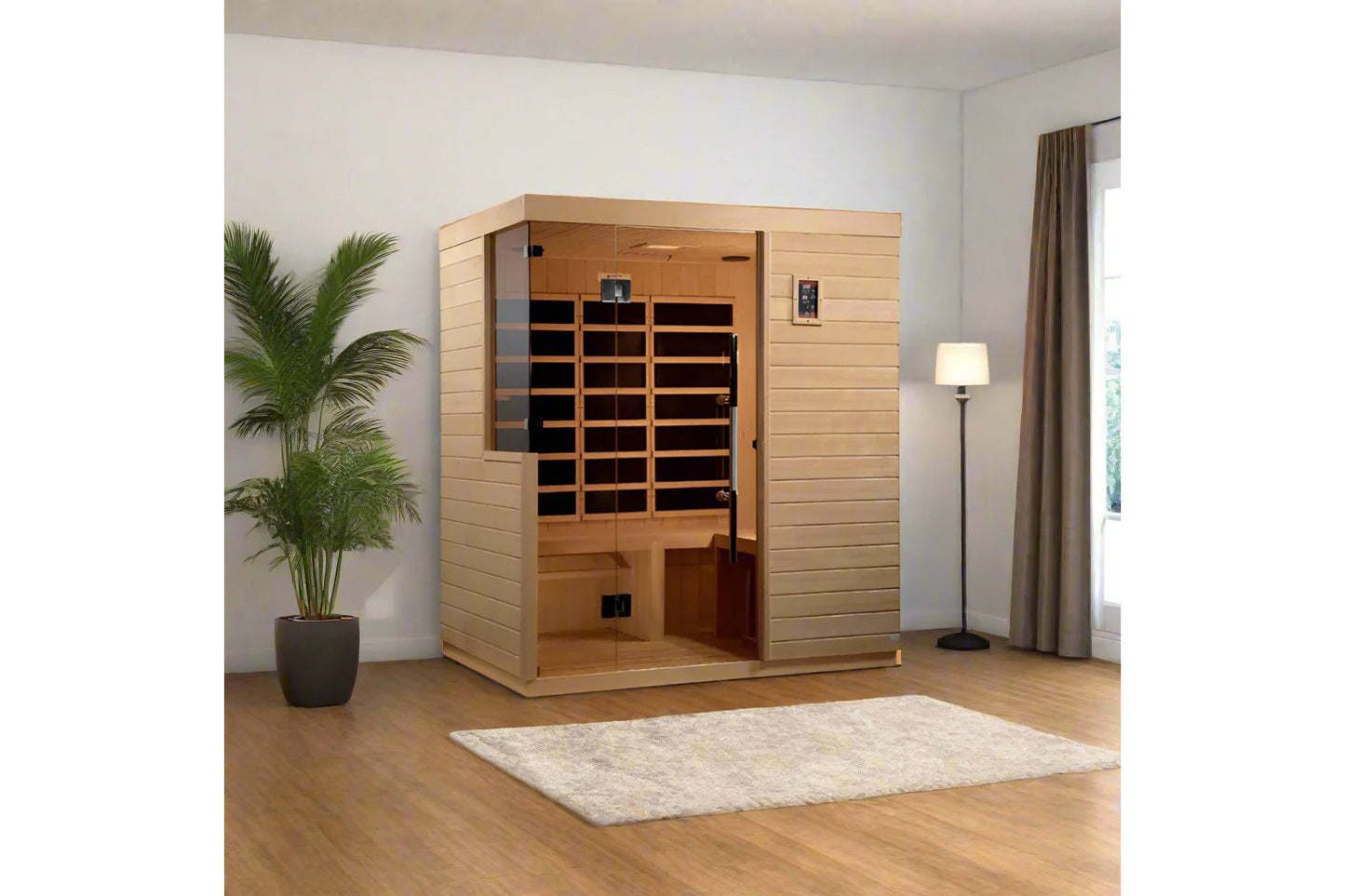 Golden Designs Bilbao 3-person infrared sauna with natural wood exterior and glass door in home setting