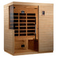 Cedar wood infrared sauna cabin with glass door and control panel, featuring wooden bench seating and heating elements visibl