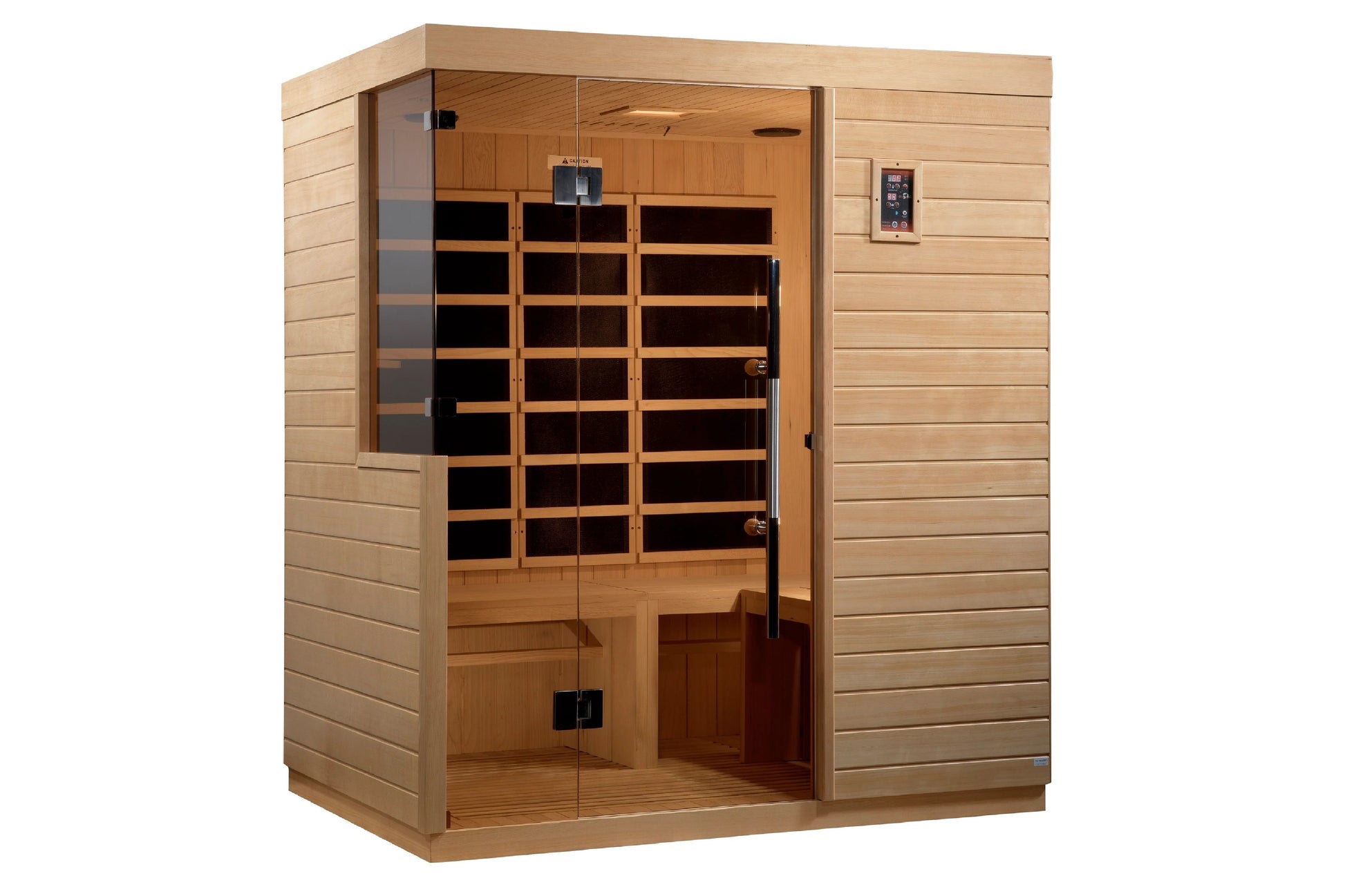 Cedar wood infrared sauna cabin with glass door and control panel, featuring wooden bench seating and heating elements visibl