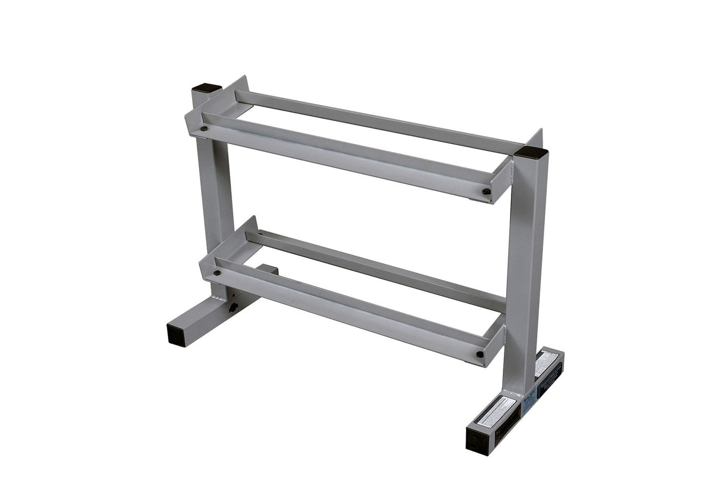 Gray metal dumbbell rack with two horizontal bars, vertical posts, and footpad base on white background