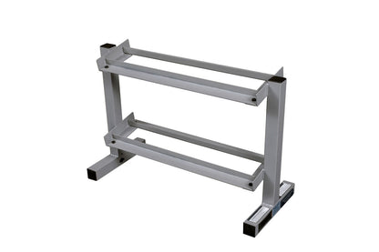 Gray metal dumbbell rack with two horizontal bars, vertical posts, and footpad base on white background