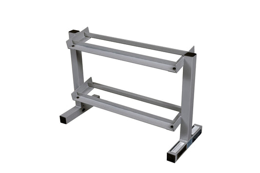 Gray metal dumbbell rack with two horizontal bars, vertical posts, and footpad base on white background