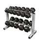 Two-tier dumbbell rack with silver metal frame and black hexagonal dumbbells displayed on white background