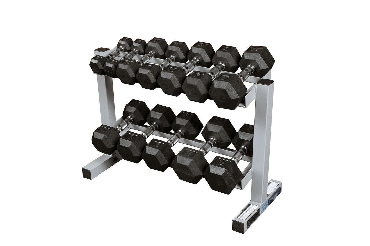 Two-tier dumbbell rack with silver metal frame and black hexagonal dumbbells displayed on white background