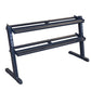 Dark blue steel dumbbell rack with three tiers and gray trays, standing on flat base against white background