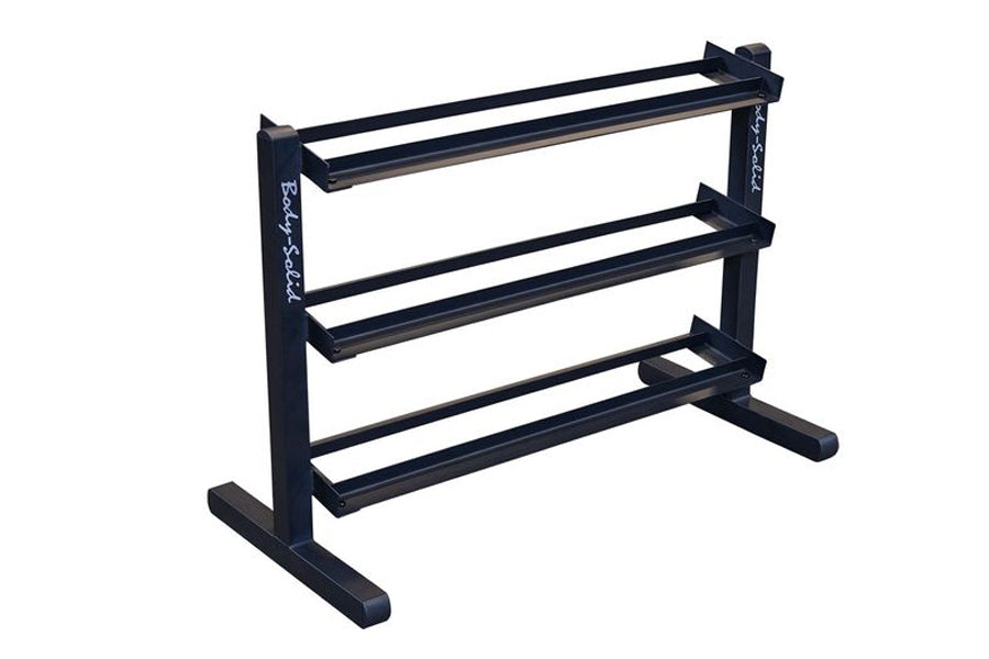 Black 3-tier horizontal dumbbell rack with sturdy metal frame and rubber-lined shelves, shown on white background