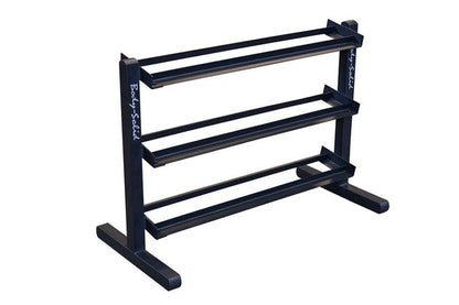 Black 3-tier horizontal dumbbell rack with sturdy metal frame and rubber-lined shelves, shown on white background