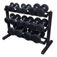 Black 3-tier horizontal dumbbell rack with chrome-handled dumbbells on white background