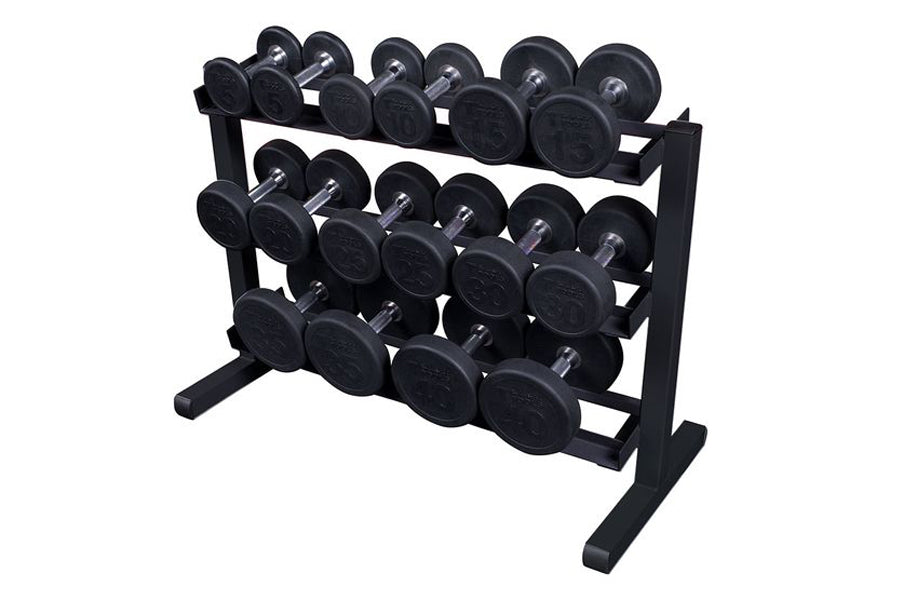 Black 3-tier horizontal dumbbell rack with chrome-handled dumbbells on white background