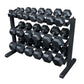 Body-Solid three-tier horizontal dumbbell rack with black hexagonal dumbbells arranged on black metal frame, white background