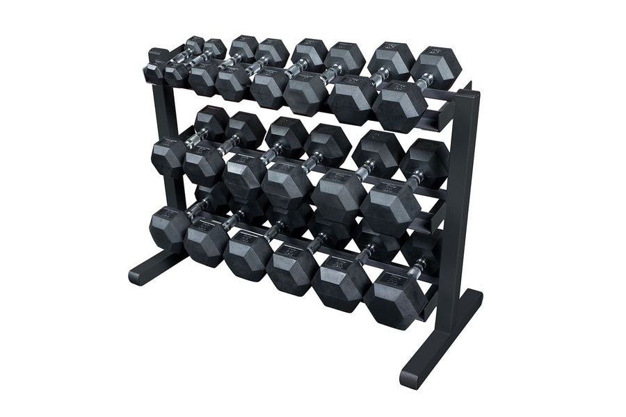 Body-Solid three-tier horizontal dumbbell rack with black hexagonal dumbbells arranged on black metal frame, white background