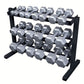 Three-tier horizontal dumbbell rack with black frame holding gray hexagonal dumbbells on white background
