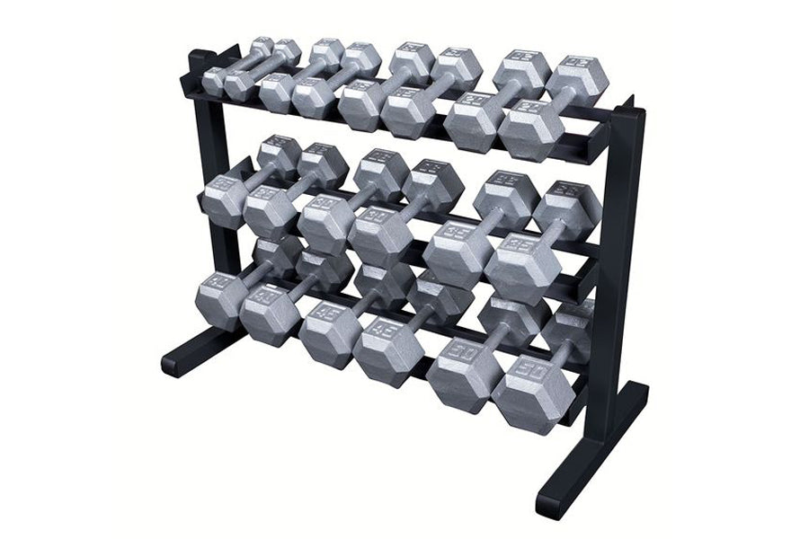 Three-tier horizontal dumbbell rack with black frame holding gray hexagonal dumbbells on white background