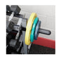 Barbell with yellow, teal, and dark blue weight plates loaded on black steel rack in gym setting