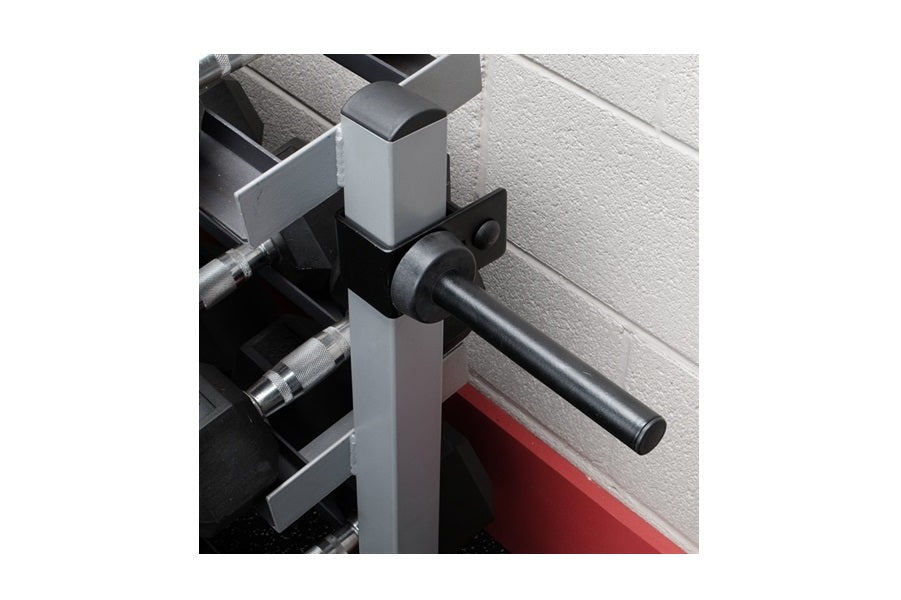 Body-Solid 3-tier horizontal dumbbell rack with white uprights, black metal rod holders, and red base on white brick backgrou