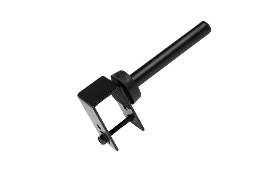 Black and chrome horizontal dumbbell rack with three tiers, cylindrical handle, and mounting bracket on white background