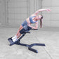 Woman performing side stretch on black Body-Solid 45-degree ab/back hyperextension machine, wearing blue sports bra and black