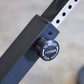 Blue and black adjustable ab/back hyperextension machine with adjustment knob labeled "to adjust loosen then pull