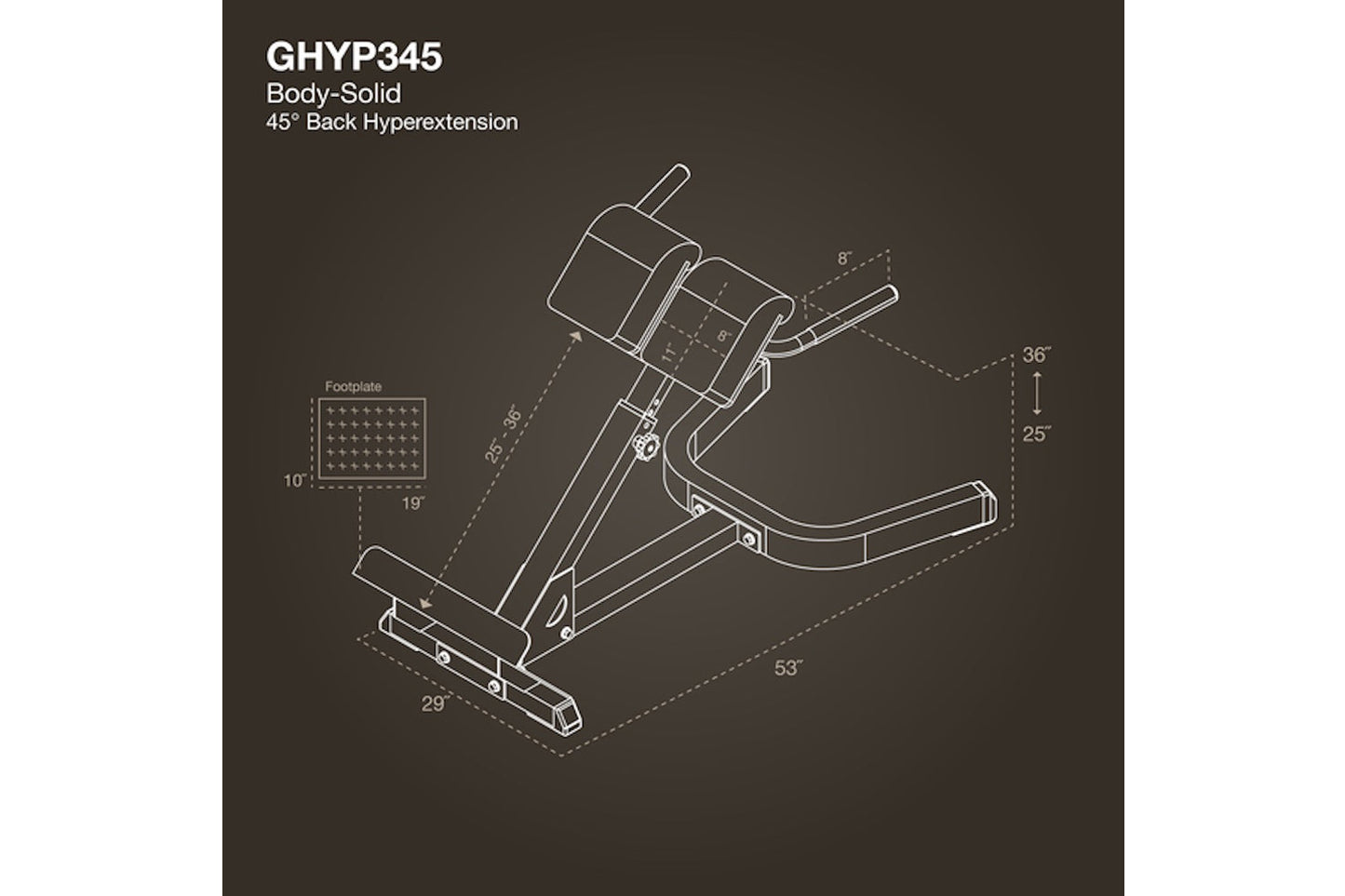 Body-Solid GHYP345 hyperextension bench with 45-degree back extension, shown with dimension measurements on dark background